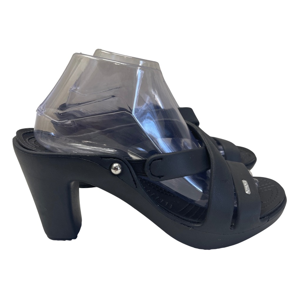 Crocs Cyprus IV Heel Sandals Women 9 Black Strappy Comfort Block Clog 14558